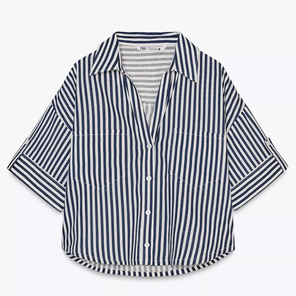 ZARA LINEN BLEND CROPPED SHIRT BLUE WHITE STRIPED MEDIUM V-NECK RESORT VACATION - Picture 6 of 9